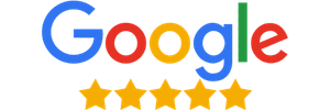 Logo Google avec cinq étoiles dorées représentant une excellente notation client