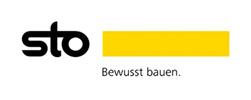 Logo Sto avec slogan Bewusst bauen et bandeau jaune sur fond blanc